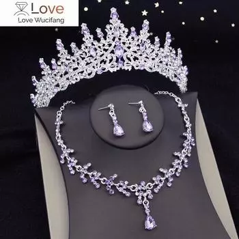 Комплекты свадебных украшений с фиолетовым кристаллом, комплект из тиары и короны невесты, комплект из серег и ожерелья для женщин, комплекты украшений для вечеринки по случаю дня рождения, свадебного платья