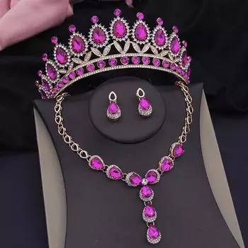 Комплекты свадебных украшений с короной из розового красного кристалла для женщин, диадемы, колье, ожерелья, наборы для вечеринки, свадебные короны, ювелирные аксессуары
