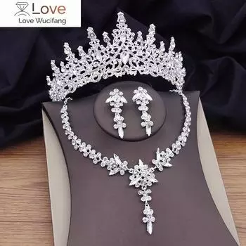 Комплекты свадебных украшений в стиле барокко из серебра и белого кристалла для женщин, корона, ожерелье, тиара, свадебное платье, комплекты украшений для невесты, аксессуары