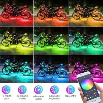 Комплекты светодиодных фонарей для мотоциклов RGB с управлением через приложение Водонепроницаемые фонари для мотоциклов Музыкальные режимы сцен Подсветка для мотоциклов Инструменты