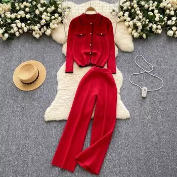 Комплекты свитера и брюк для женщин, французский стиль, ретро-свитера с длинным рукавом и лацканами + повседневные широкие прямые брюки с высокой талией One Size бежевый