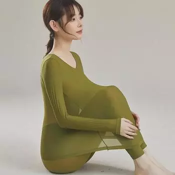 Комплекты термобелья Long Johns, зимняя женская одежда, теплое нижнее белье, брюки с длинными рукавами, комплект из 2 предметов, бесшовные термобрюки L Weight(40-65kg) зелёный