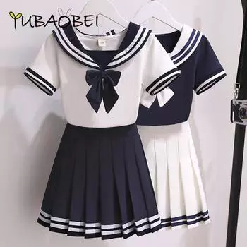 Комплекты юбок для девочек, стиль Лолиты, летние рубашки с короткими рукавами и темно-синим воротником, повседневная школьная одежда, костюм, студенческий костюм с плиссированной юбкой 120 белый