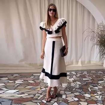 Комплекты юбок из хлопка и льна в стиле пэчворк, женские элегантные юбки-миди с V-образным вырезом без рукавов, женский костюм 2024 года, летний тонкий комплект из 2 предметов S