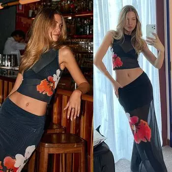 Комплекты юбок с цветочным принтом, облегающие женские комплекты с разрезом, узкий пуловер и длинная юбка, сексуальные наряды без рукавов из двух предметов S чёрный
