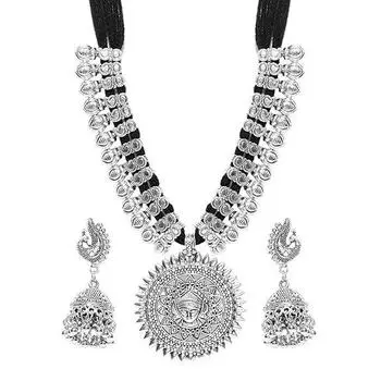 Комплекты украшений для женщин. Антикварные серьги из немецкого серебра с оксидированным покрытием и этнической хлопковой нитью. Комплект украшений для женщин и девушек.