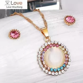 Комплекты ювелирных изделий из опалового камня, круглое ожерелье золотого цвета + серьги-гвоздики для женщин, свадебные комплекты ювелирных изделий для невесты, подарок