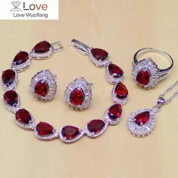 Комплекты ювелирных изделий из серебра 925 пробы с красным фианитом и белым цирконием Water Drop, женские серьги/подвеска/ожерелье/кольцо/браслет 7 красный