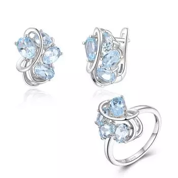 Комплекты ювелирных изделий, серьги-застежки из стерлингового серебра 925 пробы, женские кольца, 7 карат, натуральный небесно-голубой топаз, цветочный дизайн для леди, подарок на день рождения us ring size 6# синий