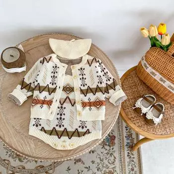 Комплекты вязаной одежды для девочек в стиле ретро, осеннее жаккардовое пальто для новорожденных, комбинезон из 2 предметов, комплект вязаной одежды для девочек в стиле бафану 86171 66cm(3-6M) бежевый