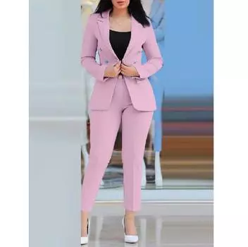 Комплекты женские из двух предметов осенняя мода вырезанный вырез длинный рукав блейзер элегантные рабочие брюки с высокой талией комплект офисная леди XXL синий