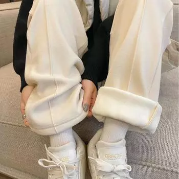 Композитный флис утолщенный теплый эластичный пояс свободные прямые широкие повседневные брюки S