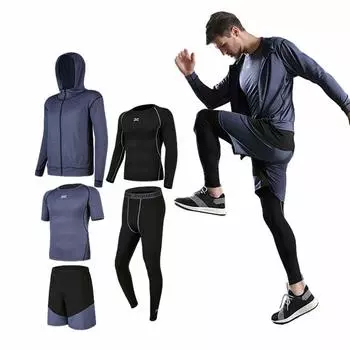 Компрессионная одежда для тренировок, дышащая и устойчивая к запахам, для бега, с длинным рукавом, с коротким рукавом, с короткими рукавами, с быстрой застежкой S [foveitaa] Комплект, мужская одежда, 5 предметов