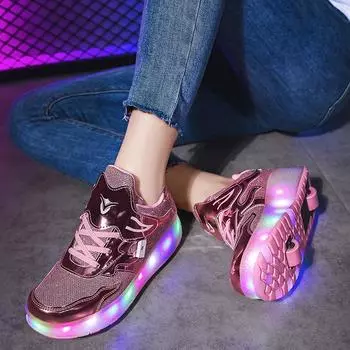 Коньки светодиодные зарядные модели с переключателем Runaway Shoes Double Wheel Adult Pulley Shoes 30 розовый