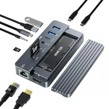 Концентратор ACASIS USB C и док-станция для ноутбука SSD 4K 60 Гц 100 Вт USB A и C Card 10 Гбит/с NVME SATA SSD Корпус Корпус, станция, HDMI, PD, 3.1, SD/TF Reader, серый