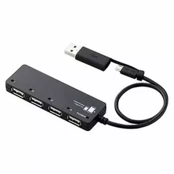 Концентратор ELECOM USB2.0 microUSB на 4 порта, кабель питания microUSB + адаптер-переходник в комплекте, черный U2HS-MB02-4BBK