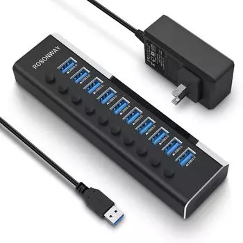 Концентратор с блоком питания ROSONWAY 10-портовый USB-концентратор из алюминия, высокоскоростная передача данных 5 Гбит/с, USB-расширение с независимым коммутатором, в комплект входит адаптер переменного тока