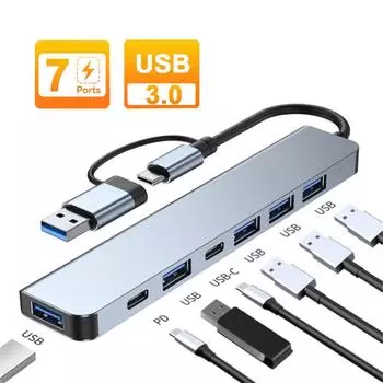 Концентратор USB C, 7 портов, мульти-USB-разветвитель, док-станция типа C, адаптер USB 3.0 2.0 PD для Xiaomi MacBook Pro, поддержка Plug and Play, U-диск, клавиатура, мышь