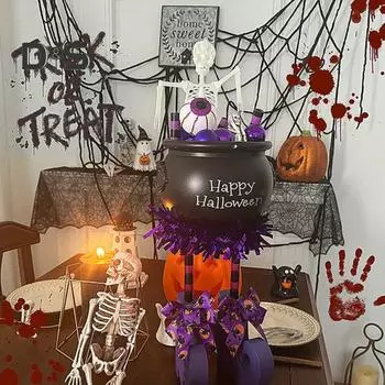Конфетница в виде ведьмы на Хэллоуин, длинные ножки, стоящая ведьма, котел с каркасом, многоцелевое украшение для котелка в виде ведьмы на Хэллоуин для использования в помещении и на открытом воздухе чёрный/фиолетовый