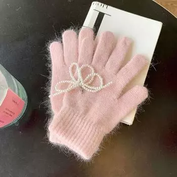 Конфетные цветные зимние бархатные перчатки с бантом женские варежки милые перламутровые банты вязаные перчатки женские