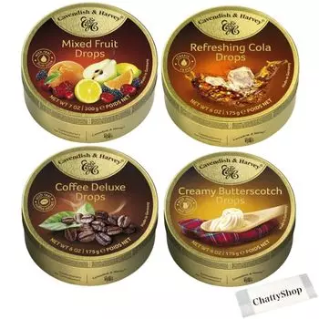 Конфеты Cavendish Harvey Candy 200 г x 4, набор B, в комплекте оригинальное полотенце ChattyShop и (Все фрукты, кола, кофе, ириски)
