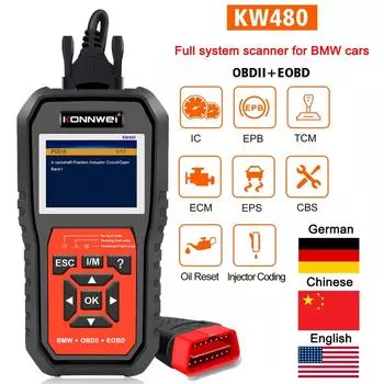 KONNWEI KW480 OBD2 автомобильный сканер полная система ABS подушка безопасности SRS сброс масла ODB2 автоматический диагностический инструмент считыватель кодов двигателя для BMW E38 E46 чёрный