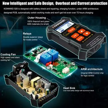 KONNWEI KW520 12 В 24 В Автомобильный аккумуляторный тестер, зарядное устройство и инструмент для ремонта аккумулятора, 3 в 1, диагностический US Plug чёрный
