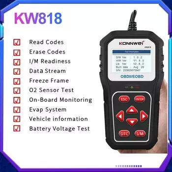 KONNWEI KW818 Автомобильные диагностические инструменты Поддержка OBD2 CAN J1850 Чтение кода неисправности двигателя 12 В Тестер батареи Улучшенный автоматический сканер OBD2 чёрный