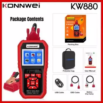 KONNWEI KW880 автоматический тестер батареи OBDII диагностический сканер неисправностей для 6 В-12 В автоматический тест батареи мотоцикла KW208/KW650/KW510