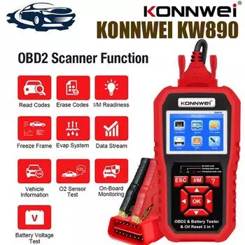 KONNWEI KW890 12 В автомобильный тестер-анализатор аккумулятора, автоматический диагностический инструмент, 3 в 1 автомобильный сканер OBD2, считыватель кодов красный