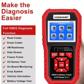 KONNWEI KW890 12 В автомобильный тестер-анализатор аккумулятора, автоматический диагностический инструмент, 3 в 1 автомобильный сканер OBD2, считыватель кодов красный