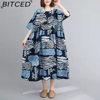 Конопляный хлопок, деревенский стиль, принт в стиле ретро, летние женские свободные тонкие свободные платья с короткими рукавами больших размеров One Size тёмно-синий