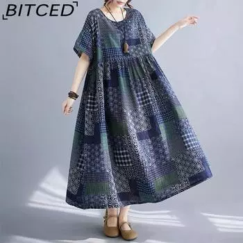 Конопляный хлопок, деревенский ветровой принт, ретро стареющие летние новые женские свободные тонкие свободные платья большого размера с короткими рукавами One Size тёмно-синий