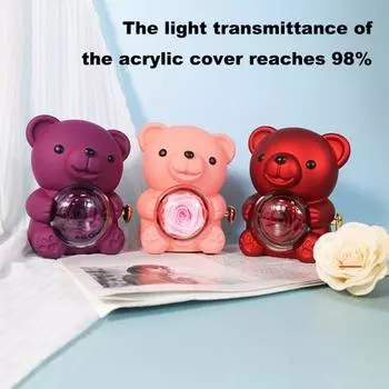 Консервированная роза Обнимашка Подарок с сердечком Ожерелье Вращающийся вечный цветок Медведь Подарочная коробка фиолетовый