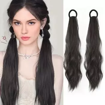 Конский хвост с эластичными резинками для волос Длинные вьющиеся волнистые наращивания хвоста Синтетические наращивания волосДля ежедневного использования Аксессуары для волос Аксессуары для волос для женщин 16inch