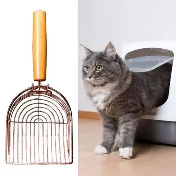 Конструкция с крючком для совок для кошачьего туалета Глубокая лопата Нержавеющая деревянная ручка Нескользящая лопатка для быстрого просеивания Эргономичный полый металлический совок для кошачьего туалета для ящика для кошачьего туалета розового золота