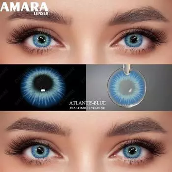 Контактные линзы синего цвета AMARA для больших глаз, модные косметические линзы, мягкие глазные косметические зрачки с футляром для линз, эксклюзивные стили