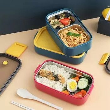 Контейнер для еды Bento Box из пшеничной соломы, герметичный ланч-бокс из нержавеющей стали 22*12*6cm