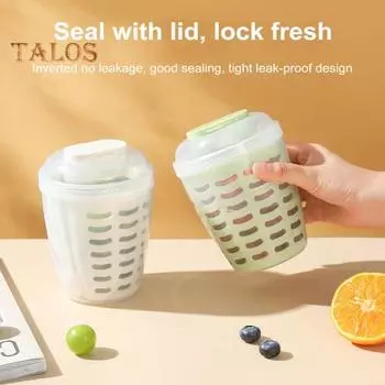 Контейнер для хранения фруктового салата с крышкой и ложкой, 650 мл, двухслойный, герметичный, без содержания бисфенола А, многоразовый, с сетчатым дном, для холодильника светло-зеленый