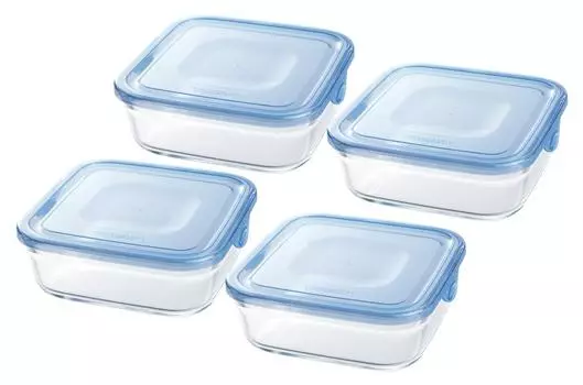 Контейнер для хранения из термостойкого стекла iwaki Aqua Blue Square M 800 мл x 4 шт. в упаковке для микроволновой печи KBC3247BLN & синий