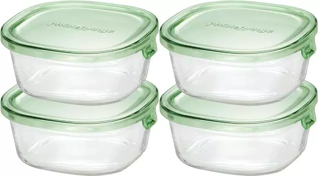 Контейнер для хранения из термостойкого стекла iwaki Green Square S 450 мл x 4 Набор для риса 1 порция в упаковке для микроволновой печи и KC3240N-G зелёный
