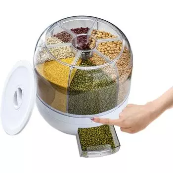 Контейнер для хранения риса и зерна, вращающийся на 360° мерный цилиндр дозатора пищевых продуктов с крышкой, герметичное хранилище для черного риса, желтого риса и мелкой фасоли S белый