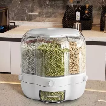 Контейнер для хранения риса и зерна, вращающийся на 360° мерный цилиндр дозатора пищевых продуктов с крышкой, герметичное хранилище для черного риса, желтого риса и мелкой фасоли S белый
