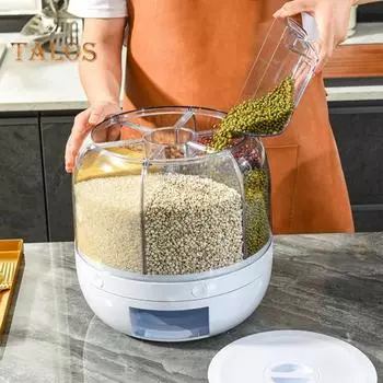 Контейнер для хранения риса и зерна, вращающийся на 360 градусов, большая емкость, хорошая герметизация, кухонный дозатор зерна с 6 сетками, ведро для сухих продуктов S белый