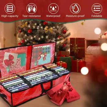 Контейнер для хранения рождественской упаковочной бумаги, складной, большой емкости, органайзер для подарочной упаковки, водонепроницаемый, пылезащитный, сумка-органайзер 2025 красный