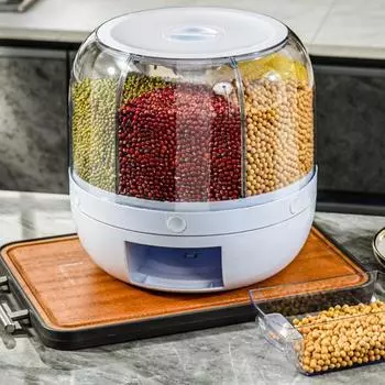 Контейнер для хранения зерна и риса Yousheng, вращающийся на 360 градусов, большая емкость, хорошая герметизация, кухонный дозатор зерна с 6 сетками, ведро для сухих продуктов S белый