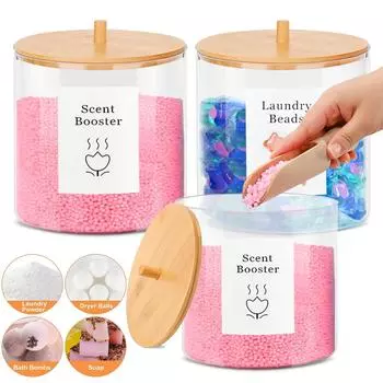 Контейнер для капсул для стирки с этикетками. Капсулы для моющего средства в прачечной. Шарики для сушки порошка. Усилители аромата. Организация и хранение.