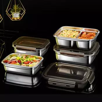 Контейнер для консервации из нержавеющей стали 304 LFGB, сертифицированный контейнер для бэнто, консервация мяса, фруктов и овощей, с 4-сторонней пряжкой, крышка из полипропилена