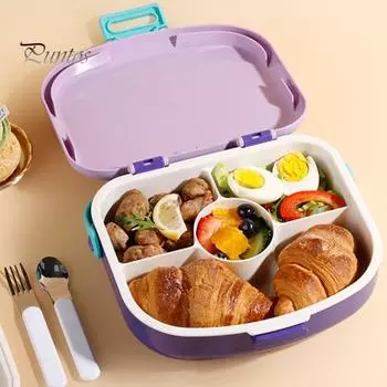 Контейнер для ланча Bento Lunch Box с 4 отделениями, 1300 мл, герметичный, можно мыть в посудомоечной машине, не содержит бисфенол-А, контейнер для хранения продуктов с ложкой и вилкой для детей и взрослых розовый