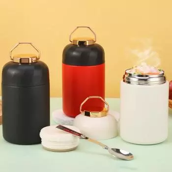 Контейнер для пищевых колб из нержавеющей стали на 600 мл со складной ложкой, нескользящей ручкой, герметичная банка для пищевых продуктов, контейнер для супа для горячих и холодных блюд 600ML белый